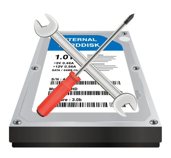 Disco rígido interno com uma chave e chave de fenda logotipo de reparação — Vetor de Stock