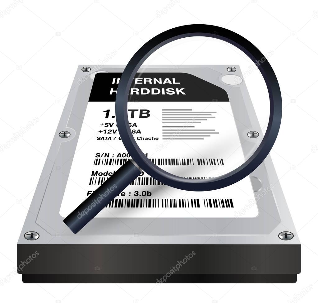 internal harddisk with a magnifying glass scanning