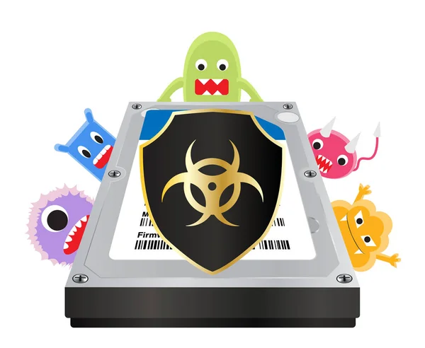 Disco duro interno con un escudo de protección del equipo del virus — Vector de stock