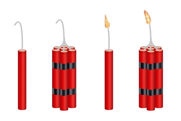 Real 3d dynamite  and dynamite  pack with burning fire — Stock Vector