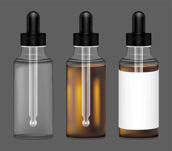 Ensemble de bouteille en verre de médecine transparente réelle avec compte-gouttes — Image vectorielle