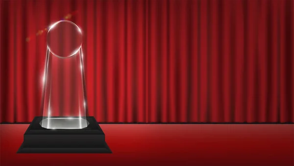 Trofeo acrílico transparente 3d real con fondo de etapa de cortina roja — Vector de stock