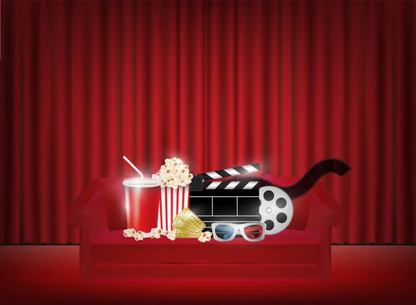 Pop corn drankje film 3d bril op een sofa met rode gordijn achtergrond — Stockvector