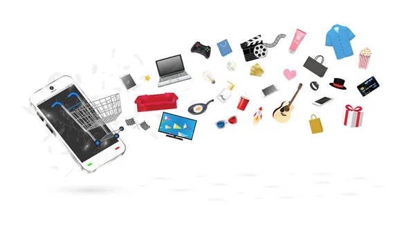 Smartphone com muitos objetos de compras flutuando em um fundo branco — Vetor de Stock