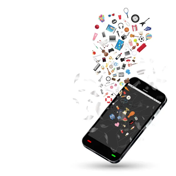 Smartphone com muitos objetos de compras flutuando em um fundo branco — Vetor de Stock