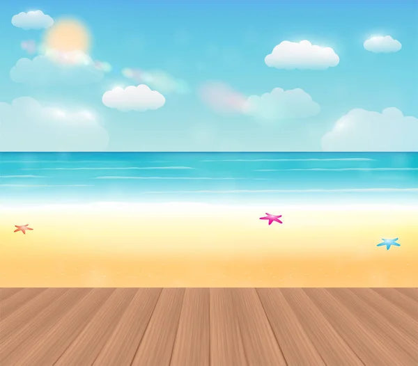 Plage de mer lumineuse avec un vrai plancher de bois — Image vectorielle