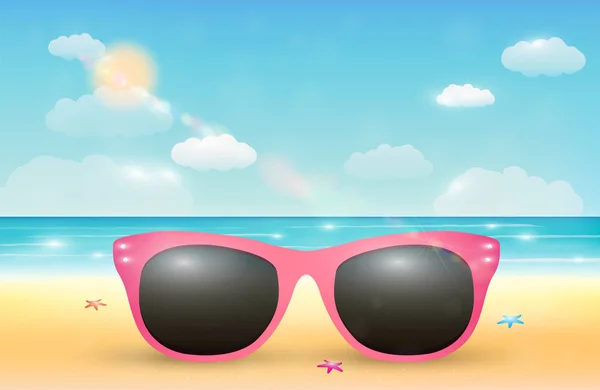 Bir parlak deniz kum plajda pembe güneş gözlüğü — Stok Vektör