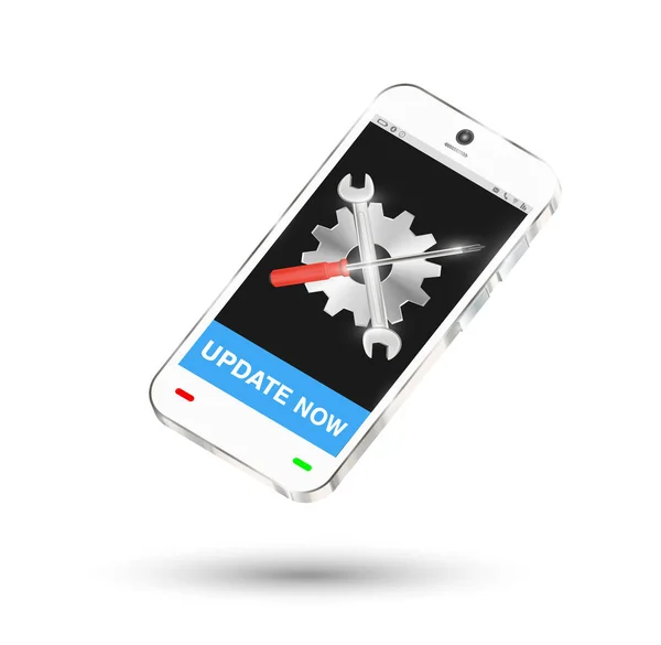 Smartphone con logotipo de configuración en pantalla y botón de actualización — Vector de stock