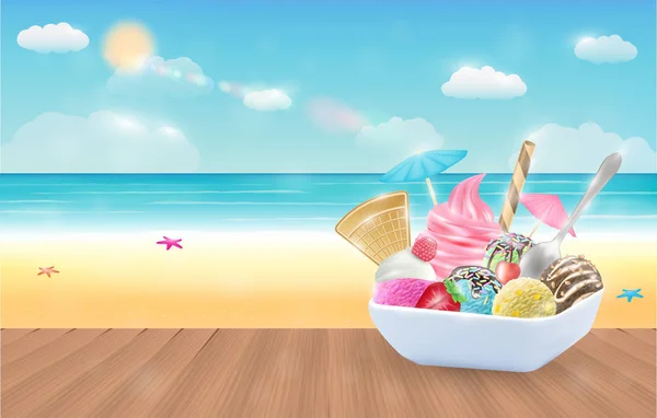 Set van echte chocolade citroen mango aardbei en de munt ijs op een schotel met zee strand achtergrond — Stockvector