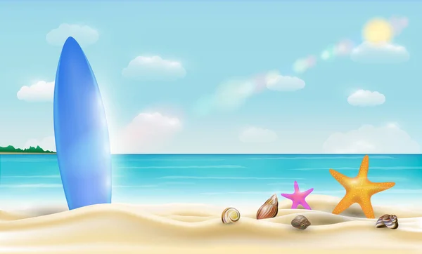 Tabla de surf en un hermoso vector de playa de arena de mar brillante — Vector de stock