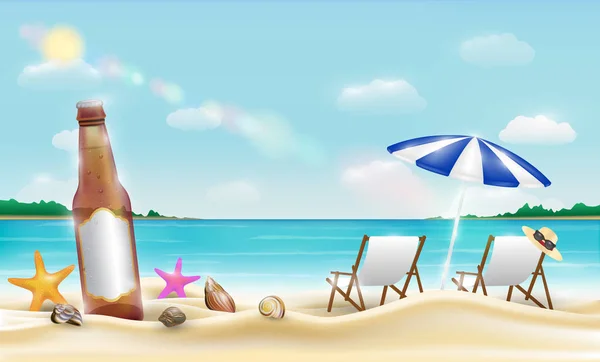 Bouteille de bière et coquille de mer étoile de mer sur une plage de sable marin — Image vectorielle