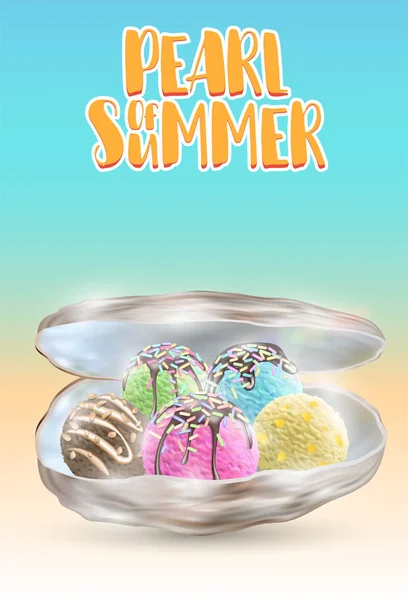여름의 진주는 껍질에 많은 아이스크림 볼 — 스톡 벡터