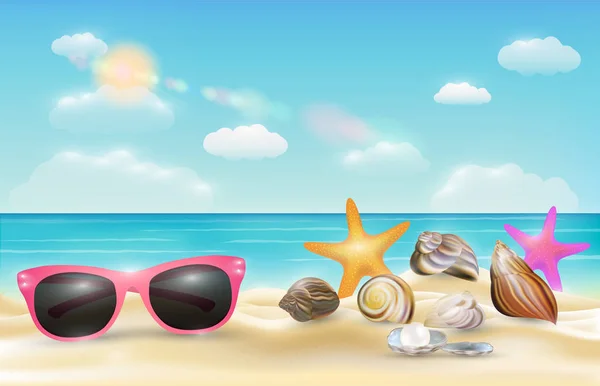 Gafas de sol de color rosa concha de mar y estrellas de mar en una playa de arena — Vector de stock