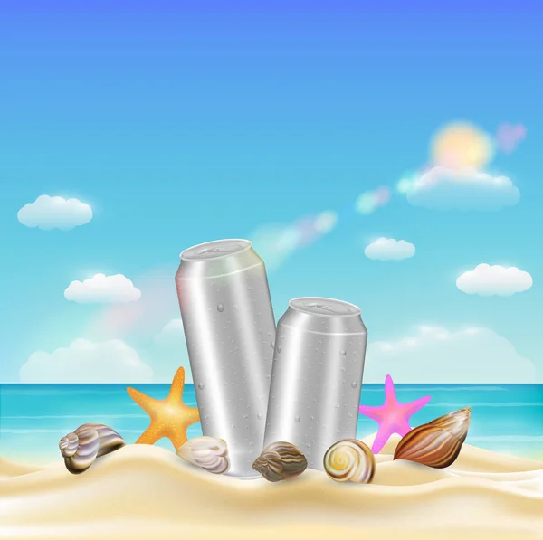 Aluminium drank kan en zee schelp zeester op een strand zee zand — Stockvector