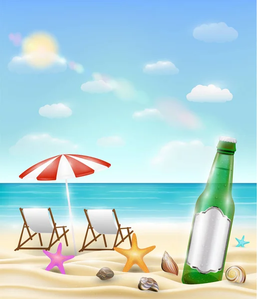 Bouteille de bière et coquille de mer étoile de mer sur une plage de sable marin — Image vectorielle