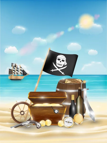 Tesoro pirata en una playa de arena con mar brillante — Vector de stock