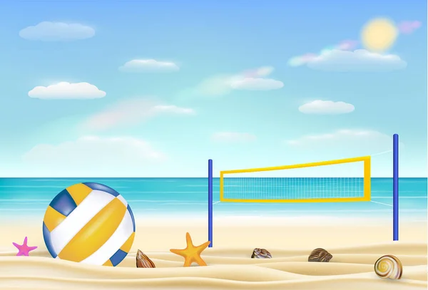 Strandröplabda és a net a homokos strandon, hogy tengeri ég háttere — Stock Vector