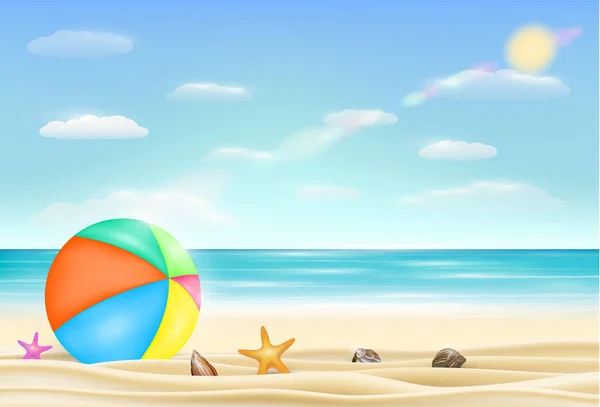 Пляжный мяч на морском песчаном пляже с морской звездой и скорлупой — стоковый вектор