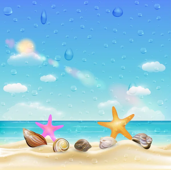 Tengeri kagyló és a tengeri csillag egy homokos strand a víz csepp a képernyő — Stock Vector