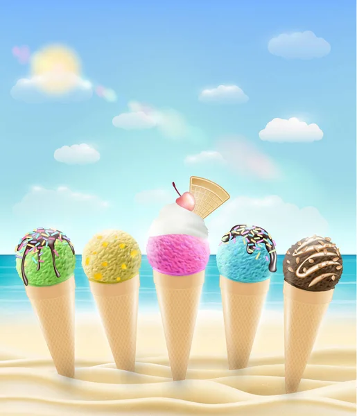 Set of a real ice cream cone on a sea sand beach — Stock Vector