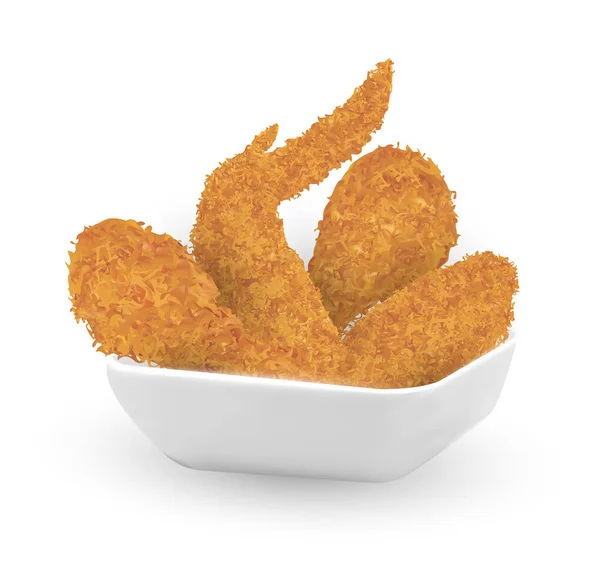 Vrai poulet frit 3d dans un bol sur fond blanc — Image vectorielle
