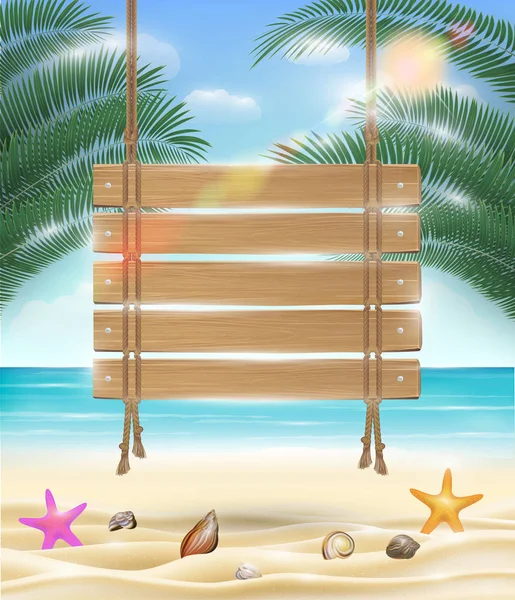 Tablero de madera colgante con fondo de playa de arena marina — Vector de stock