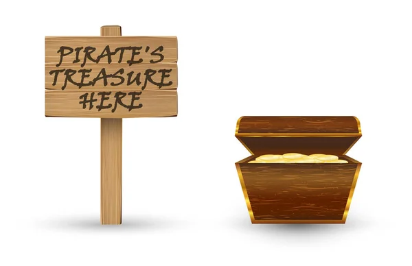 Tesoro pirata de oro con signo de tablero de madera tesoro pirata — Vector de stock