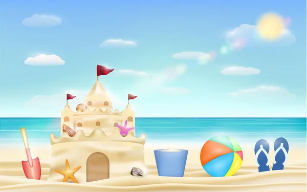 Castillo de arena y pala cubo y bola en una playa de mar — Vector de stock