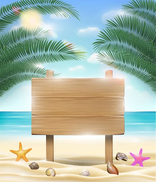 Holzbrett mit Meer Sand Strand Hintergrund — Stockvektor