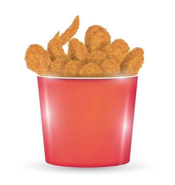 Cubo rojo lleno de pollo frito sobre un fondo blanco — Vector de stock