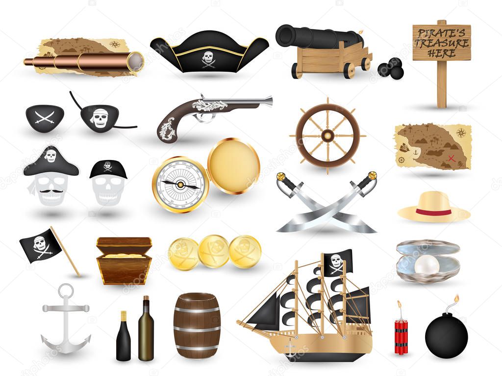 set of pirate object tool on a white background