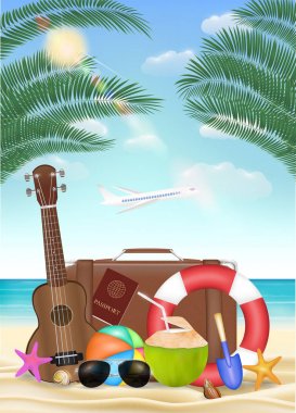 Deniz güneş gözlük bavul ukulele Emanet torus plaj topu plaj arka plan ile nesnesiyle seyahat