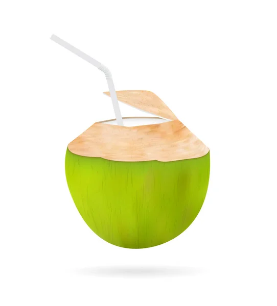 Настоящий 3d кокосовый напиток с белой пластиковой трубкой — стоковый вектор