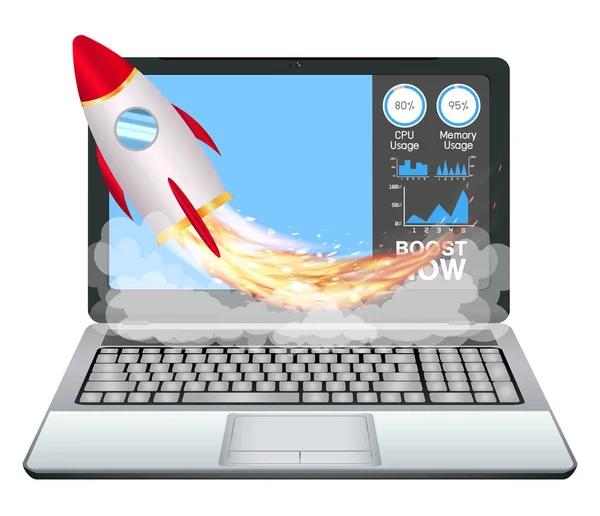 Laptop-val sebesség gyorsulás boost játék rakéta — Stock Vector