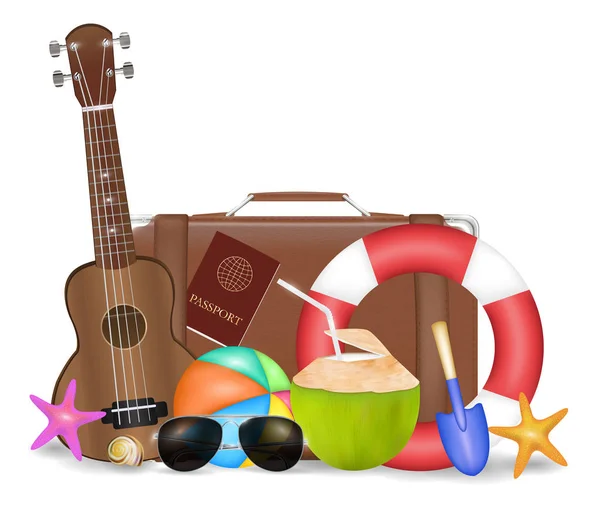 Ensemble d'objet de voyage en mer avec des lunettes de soleil valise ukulele sécurité torus beach ball — Image vectorielle