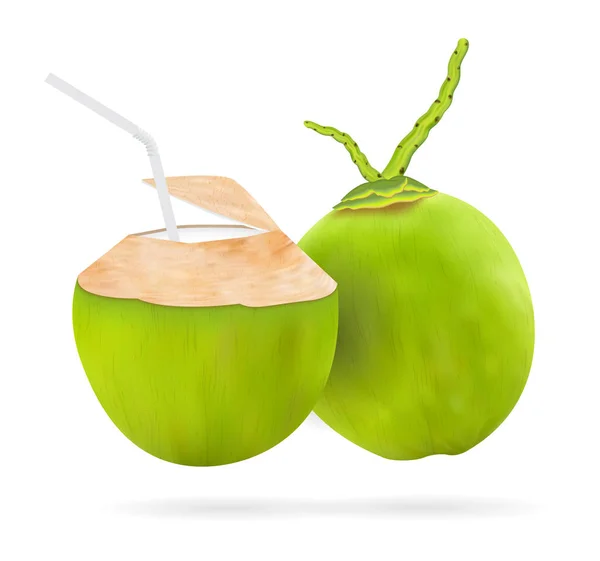 Bebida de agua de coco 3d real con tubo de plástico blanco — Vector de stock