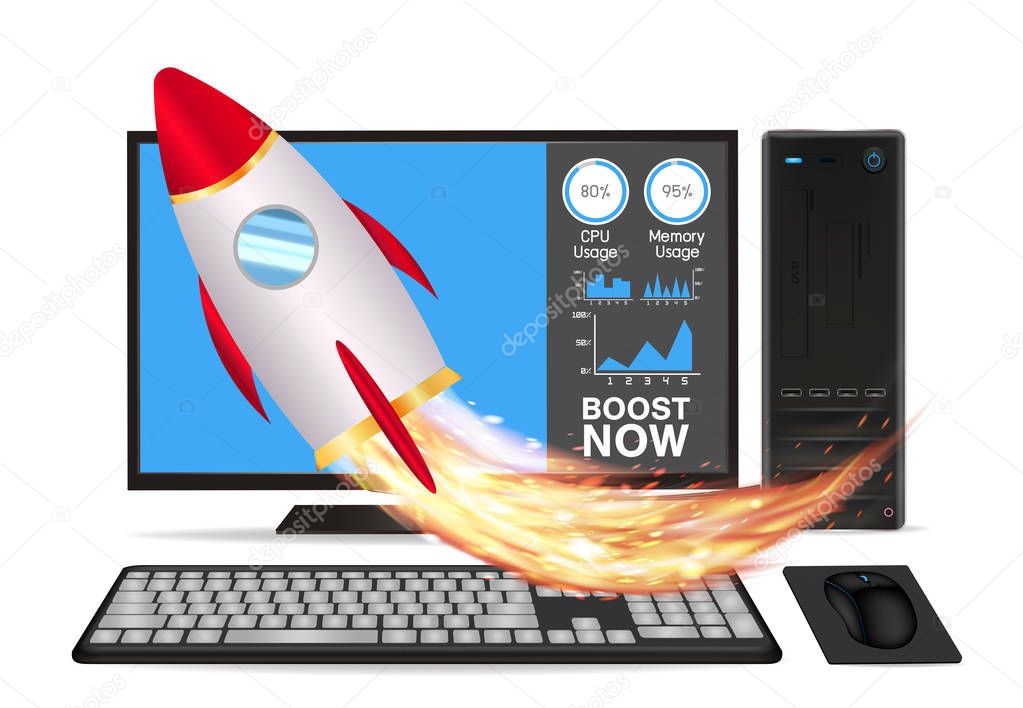 boost speed desktop computer with toy rocket 