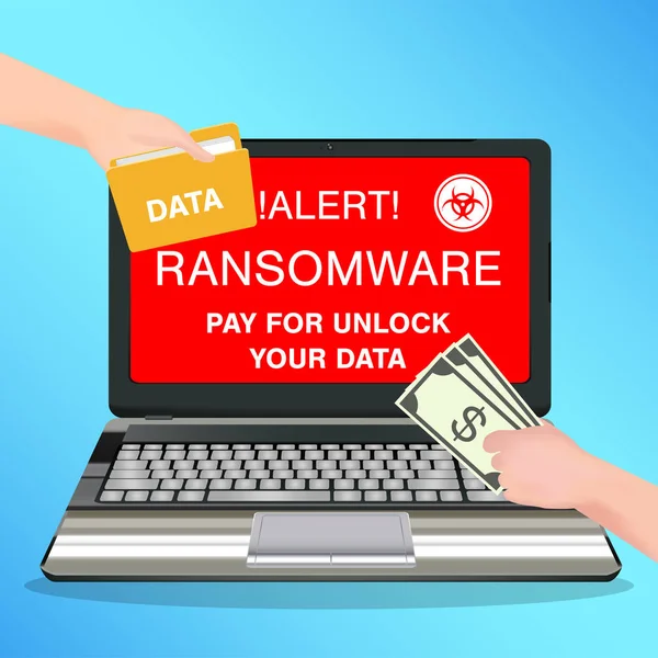Ordenador portátil infectado virus ransomware pagar por desbloquear los datos — Vector de stock