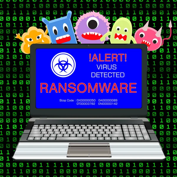 Μπλε οθόνη laptop ιό μολυσμένο ransomware με ιό κινουμένων σχεδίων — Διανυσματικό Αρχείο