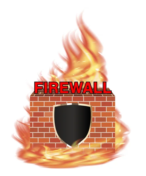 Brand muur bescherming logo met schild en bakstenen muur met vuur — Stockvector