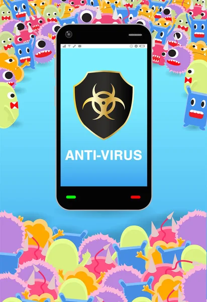 Virus asedio smartphone con protección antivirus escudo — Vector de stock