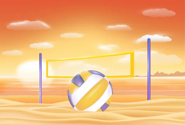 Voleibol em uma praia de areia do mar por do sol —  Vetores de Stock