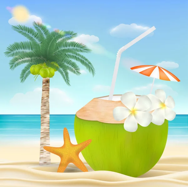 Кокосовая вода напиток на пляже с морским песком — стоковый вектор