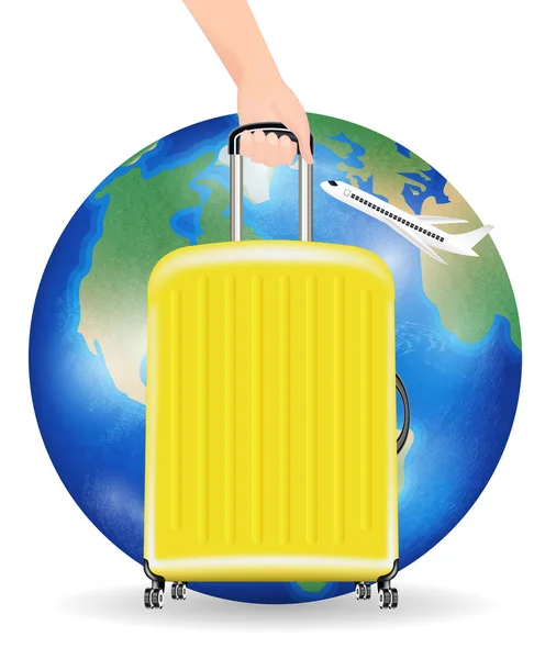 Hjulförsedda väska med flygplan flyga resor runt om i världen — Stock vektor