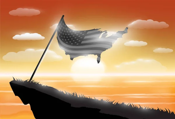 Silhueta estados unidos da América bandeira em penhasco com pôr do sol fundo do mar —  Vetores de Stock