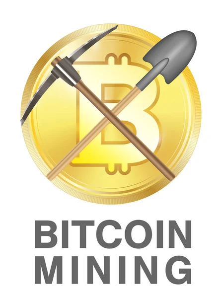 Логотип майнинга bitcoin с pickaxe и shovel на золотом bitcoin — стоковый вектор