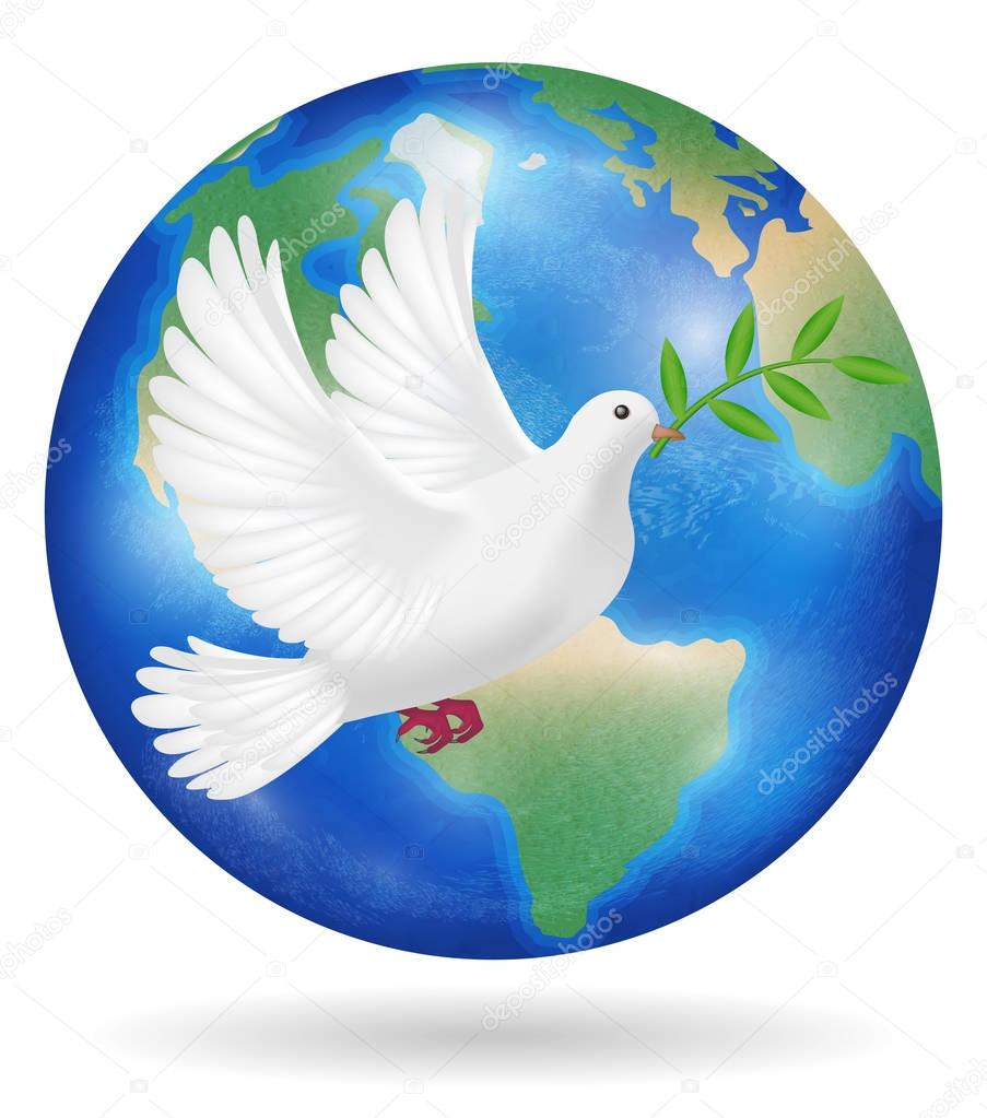 white pigeon flying over earth planet vector