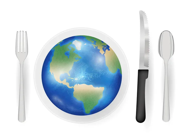 Erdplanet auf einem Teller mit Messergabel und Löffel essen Weltkonzept — Stockvektor