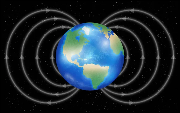 Planety země s magnetickým polem na černém pozadí — Stockový vektor