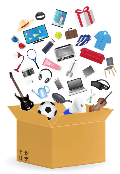 Vlnitý karton box s mnoha Nakupování výrobků plovoucí — Stockový vektor